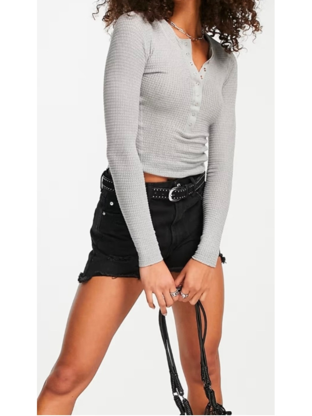 Free People Intimately One of the Girls Henley Waffle Knit Heather Grey Size XS